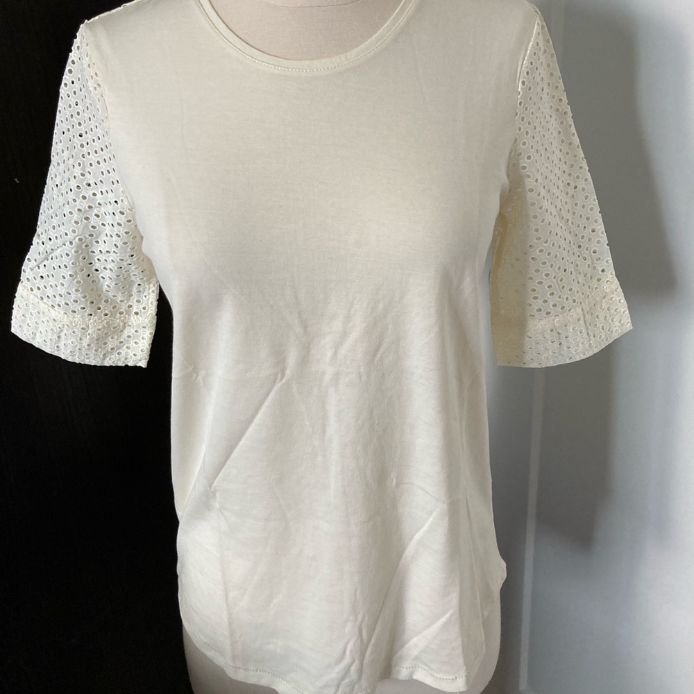 NWT J. Crew Cream colored cotton T shirt with eyelet sleeves Size XS Dressy